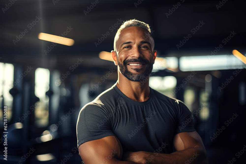 Smiling male personal trainer portrait of smiling at camera in gym. Happy man fitness coach standing in modern sport club interior. Active sport life getting fit healthy lifestyle concept Smiling male personal trainer portrait of smiling at camera in gym. Happy man fitness coach standing in modern sport club interior. Active sport life getting fit healthy lifestyle concept