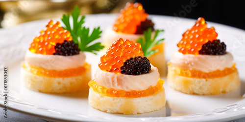 Black and red fish caviar slices of white bread and canapes with caviar on a white background. Sandwiches with delicious caviar on white background
