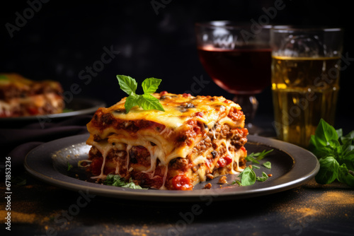 Close-up Tempting Lasagna with Bolognese Sauce and Melted Cheese. Savoring Layers of Delicious Lasagna, Traditional Italian Cuisine