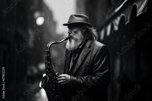 man in a hat and jacket playing the saxophone