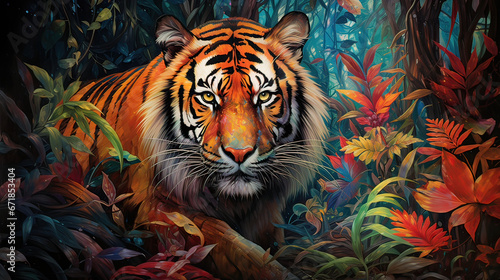 A tiger prowling through a dense  enchanting jungle of colors Ai Generative  