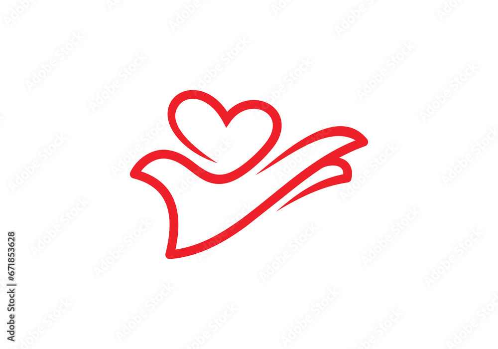 hand and love logo, give heart simple abstract line art vector design
