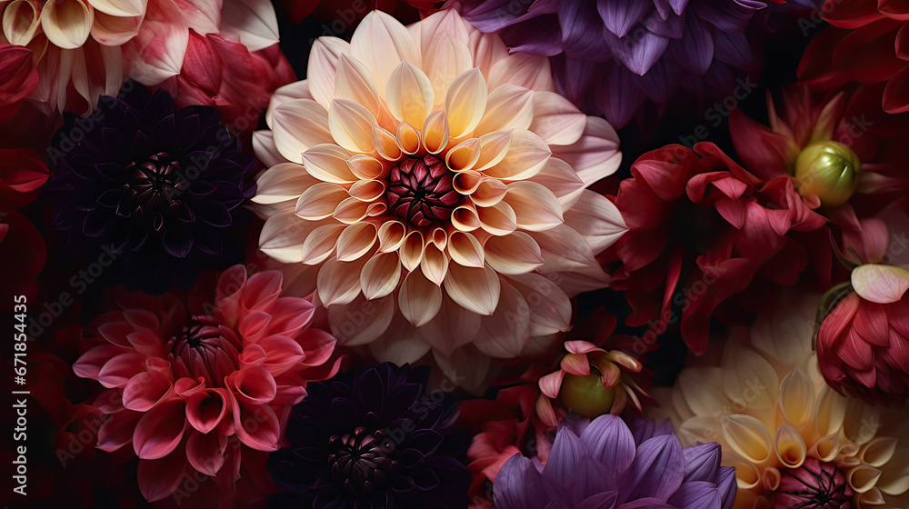 Fototapeta premium Abstract dahlia blossoms interweaving with soft, vibrant nebulas Ai Generative
