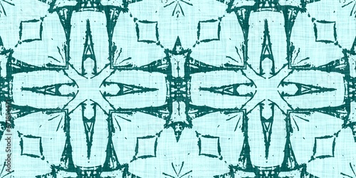 Teal green white vibrant watercolor batik azulejos tile border banner background. Seamless aqua coastal blur linen effect geometric mosaic effect.Boho Patchwork nautical masculine summer ribbon trim. 