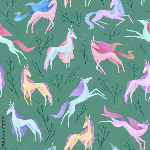 Unicorn in the forest graceful pattern. Colorful unicorns in different poses on green background. Perfect for wallpaper in girl's room