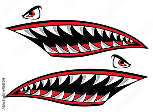 Motorcycle and car vector graphic Flying tigers shark teeth shark mouth vinyl decal biker helmet sticker.