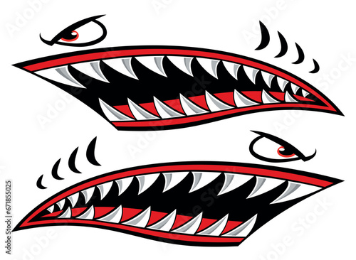 Shark teeth car decal angry Flying tigers bomber shark mouth motorcycle fuel tank sticker vector graphic.