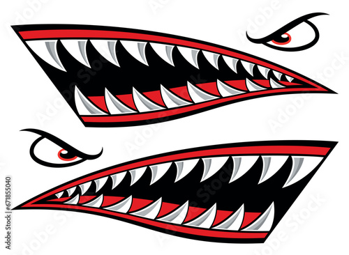 Flying tigers bomber plane vector graphic angry shark teeth shark mouth car decal motorcycle helmet and gas tank sticker.