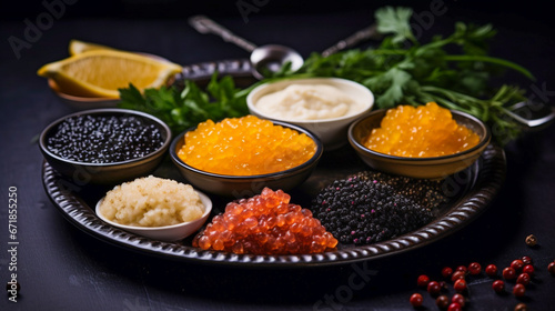 An extravagant caviar presentation with all the trimmings. copy space.
