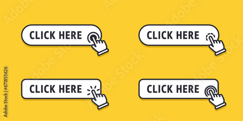 Click here button with arrow pointer clicking icon. Click here vector web button. Web button with action of arrow pointer. Click here, UI button concept. Vector illustration