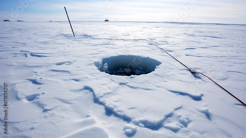 Ice fishing hole in vast snowy landscape, generative ai