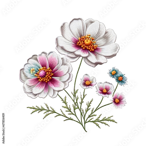 Realistic embroidery cosmos flowers on isolated png background. Generative ai