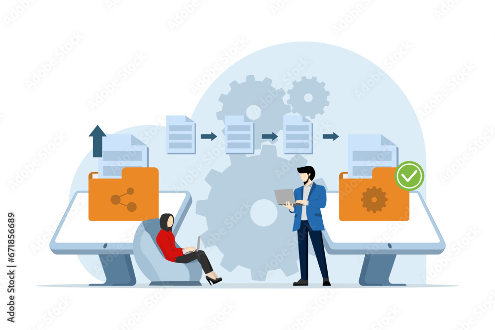 concept of file transfer, data backup, document storage, cloud technology, upload and download, business characters transferring files between devices, flat vector illustration on background. concept of file transfer, data backup, document storage, cloud technology, upload and download, business characters transferring files between devices, flat vector illustration on background.