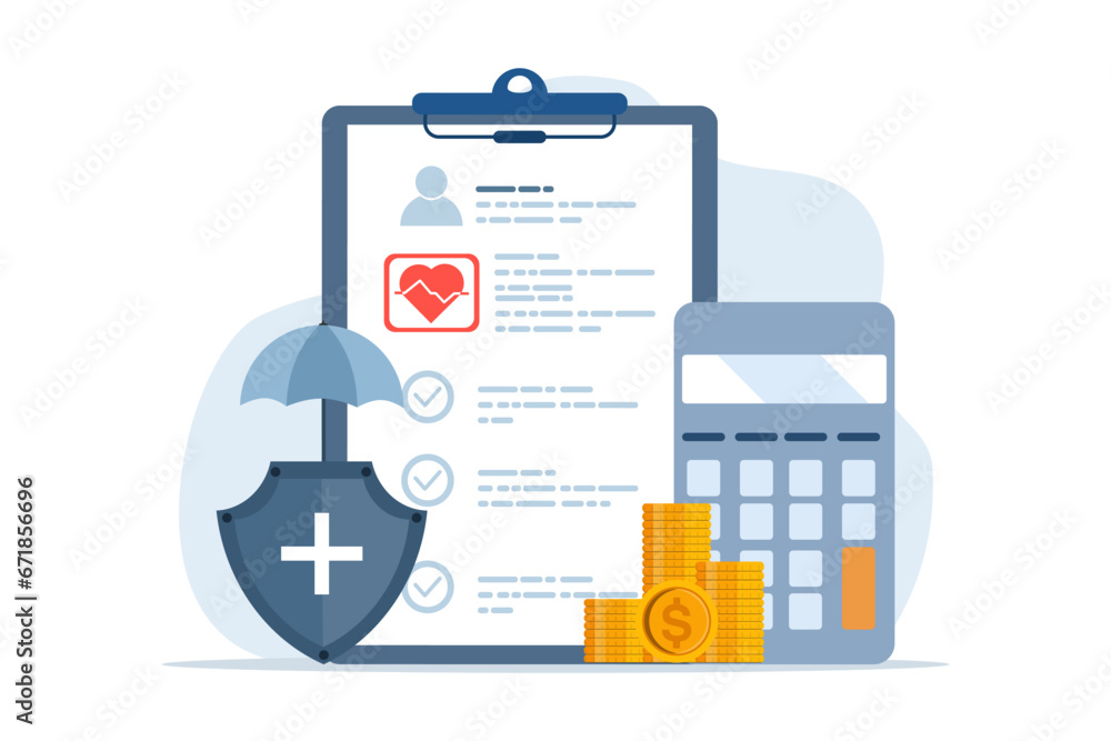 Health insurance concept, health insurance, protection concept, umbrella, health service, insurance agent, health insurance policy and medical savings plan. flat vector illustration on background. - obrazy, fototapety, plakaty 