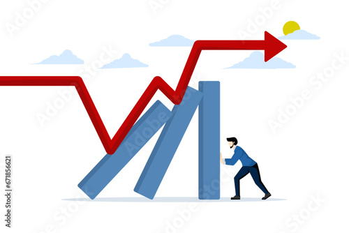 Concept of dealing with investment risk. The stock market falls. Economic recession due to high inflation. loss of capital. Businessman trying to prevent bar graph from falling. vector illustration.