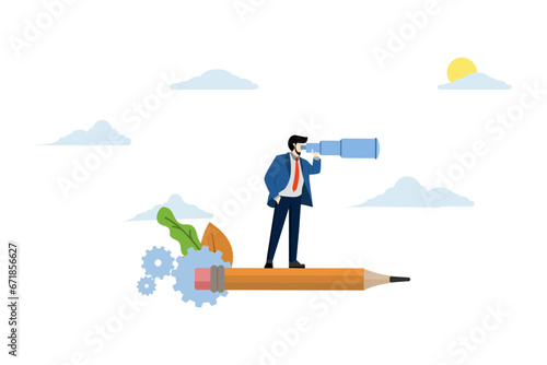 Concept of designer man flying astride a pencil and looking for creative ideas, talented creative worker. creative designer girl flying with pencil rocket looking through binoculars looking for ideas.