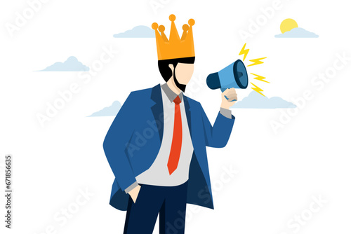 Bossy management concept, big boss or company president, CEO or CEO, employer, leadership or manager, angry businessman boss shouting on megaphone while ordering. flat vector illustration.