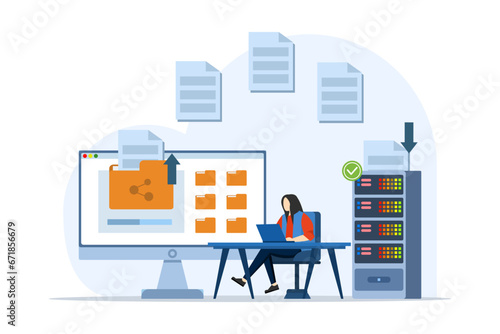 concept of file transfer, data backup, document storage, cloud technology, upload and download, business characters transferring files between devices, flat vector illustration on background. photo