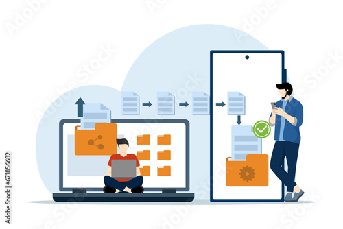 concept of file transfer, data backup, document storage, cloud technology, upload and download, business characters transferring files between devices, flat vector illustration on background.