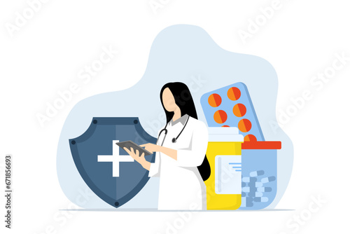 healthcare concept, budget for healthcare. Health checkup form, calculator, pencil, money, flat design graphic elements, insurance record character. Flat vector illustration.