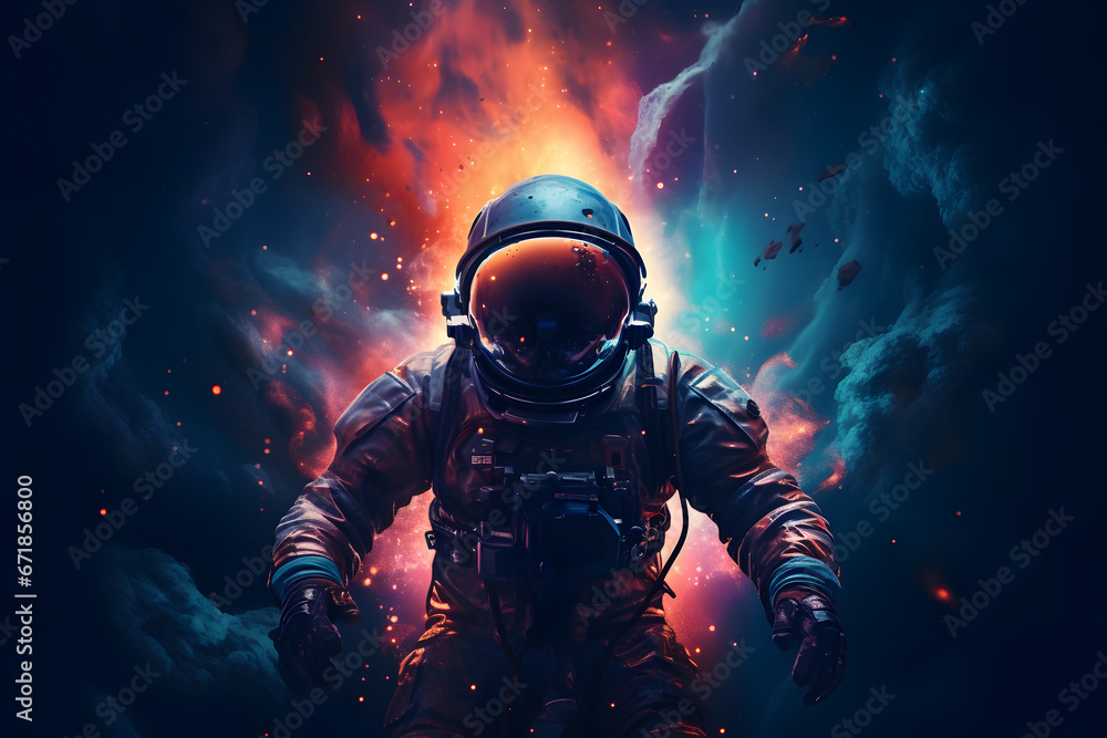 Artistic depiction of an astronaut floating through space in front of a colorful nebula