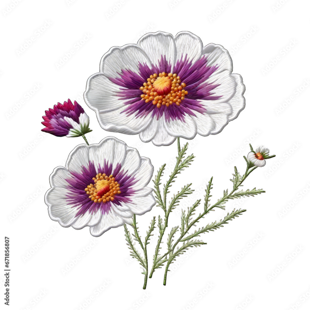 Realistic embroidery cosmos flowers on isolated png background. Generative ai