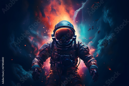 Artistic depiction of an astronaut floating through space in front of a colorful nebula