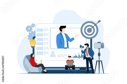 video marketing concept, marketing strategy, business, news, promotion, promo, course, support, announcing a promotion or communicating with employees, community or organization speech.