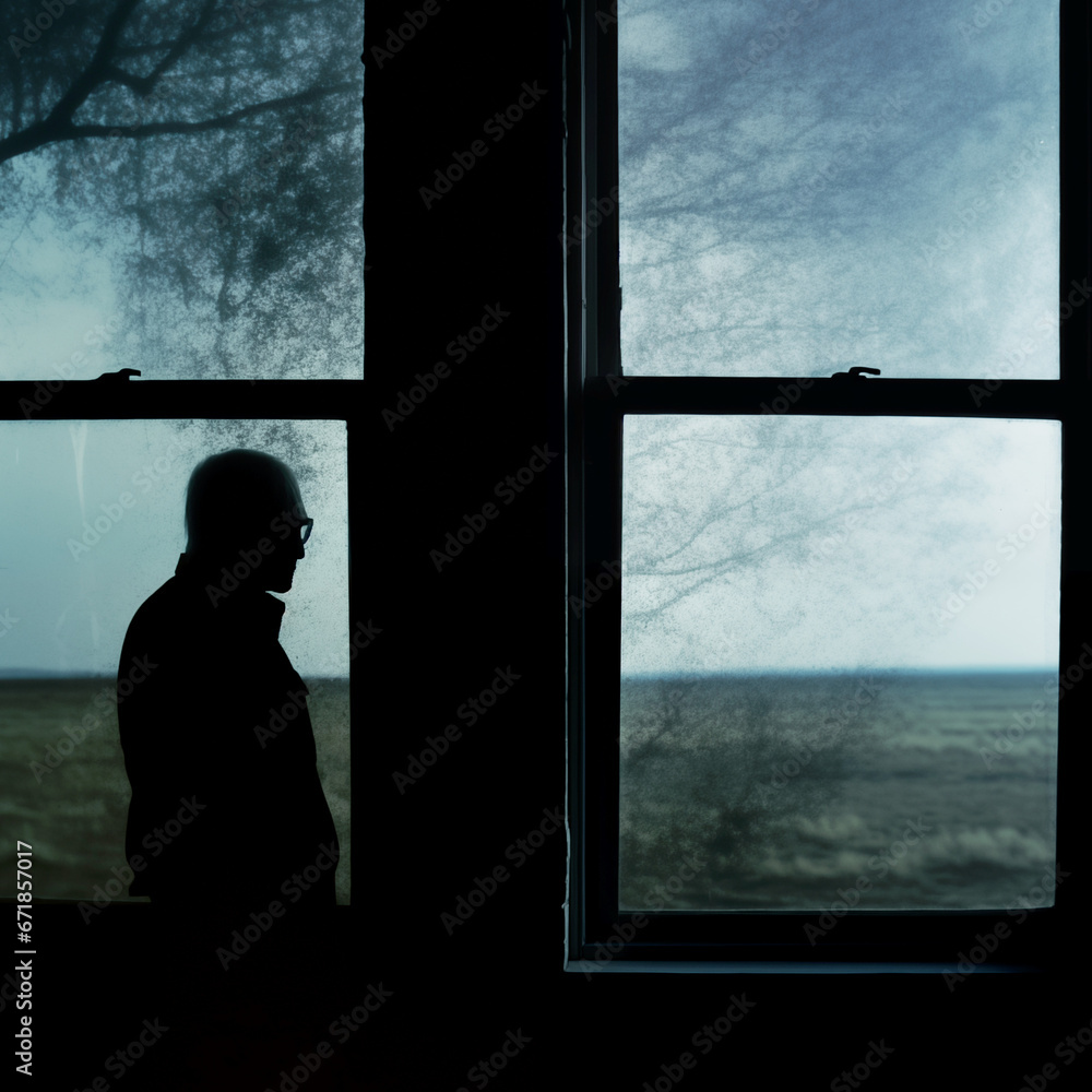 man standing in darkened room, looking out window