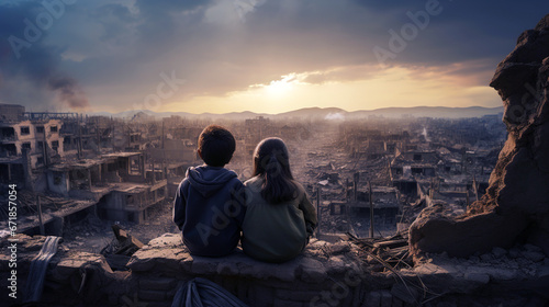 Children overlooking war-torn city at sunset, generative ai photo