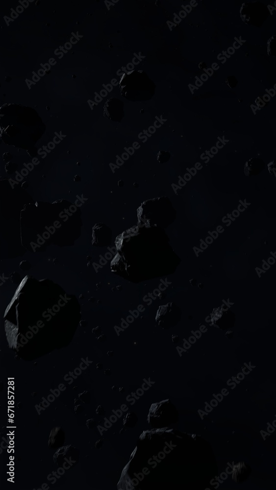 Asteroid belt field in dark outer space. 3D illustration wide shot ...