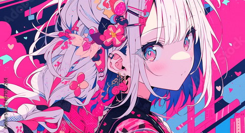 Vibrant anime girl with colorful accessories, generative ai