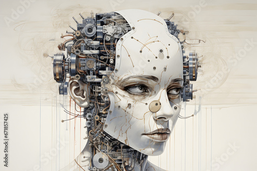 Artistic depiction of a robot or cyborg head, full of wires and circuits depicting the concept of artificial intelligence