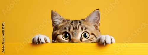 Cute tabby cat curiously peeking over yellow background. Kitten showing placard template. Banner about pets with copy space photo