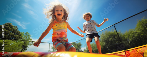 two happy kids friends boy and a girl jumping happy and excited playing on a trampoline amusement park style for active fun joy time of children and active play photo