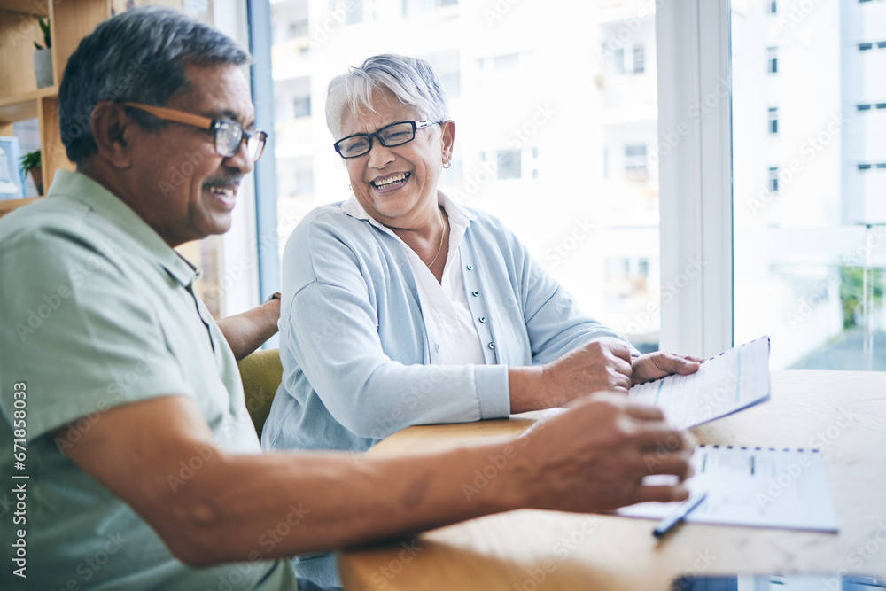 Obraz premium Happy, old couple and financial planning with documents in home for pension, savings or tax. Elderly, man and woman smile with budget, investment and mortgage paperwork for insurance in retirement.