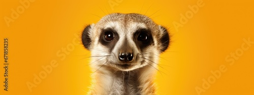 Cute meerkat (Suricata suricatta) curiously peeking over yellow background. Funny animals. Wildlife, safari. Exotic pet concept. Banner about pets with copy space