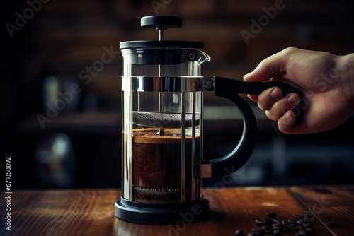 Freshly Brewed Coffee in French Press on Wooden Table