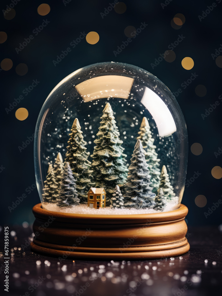 Ai generation. Snow globe with christmas trees on dark background. Christmas Ai generation. Snow globe with christmas trees on dark background. Christmas