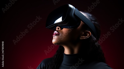 woman staring up with a sleek black vr/ar headset on