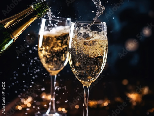 Ai generation. Champagne pouring into glasses on blurred background with bokeh