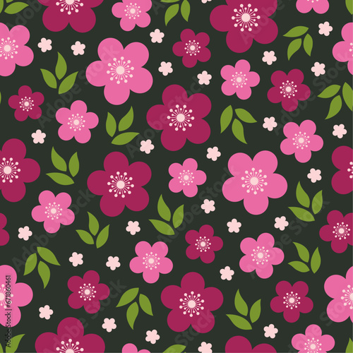 Pink flowers and green leaves on black background. Floral vector seamless pattern.
