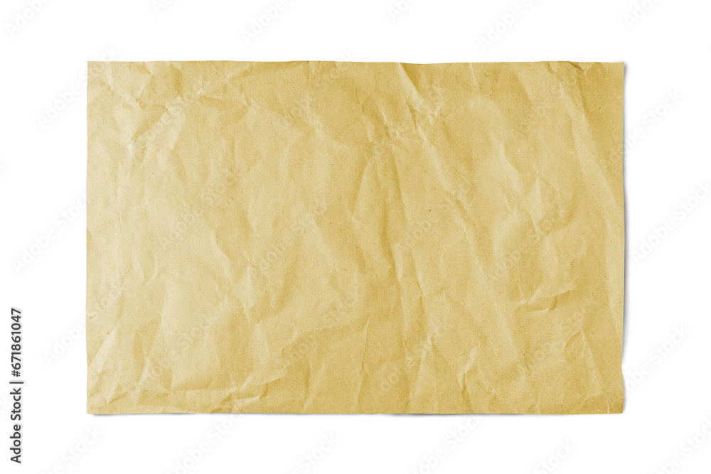 Yellow crumpled rectangle sheet of paper with smooth edge isolated on white, transparent background, PNG. Recycled craft paper wrinkled, creased texture. Template, mockup with copy space for text.