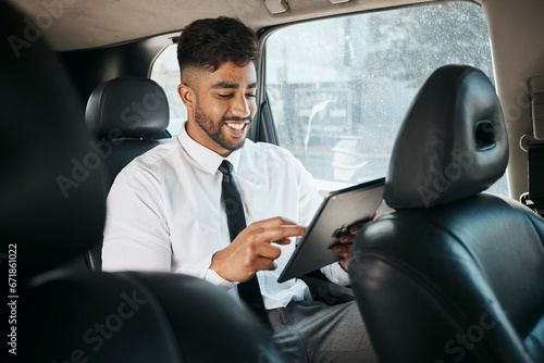Business man, tablet and travel in car for online search, trading data and reading stock market information. Indian trader scroll on digital technology, financial website or driving in taxi transport photo