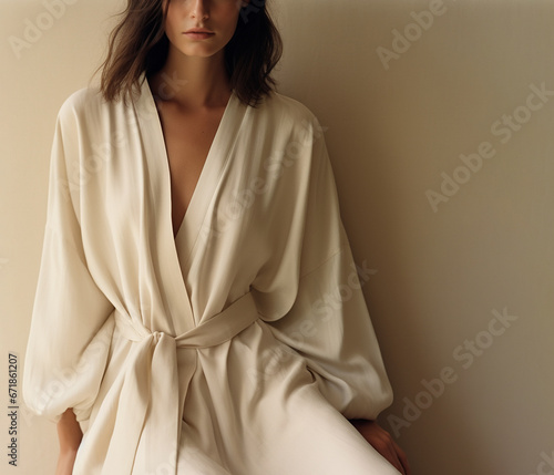 Young woman in white silky bathrobe photo