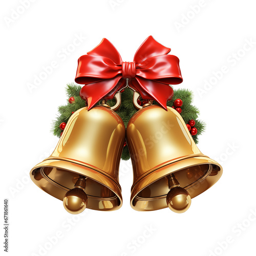 christmas bells with red ribbon, bow and fir branches isolated on transparent background