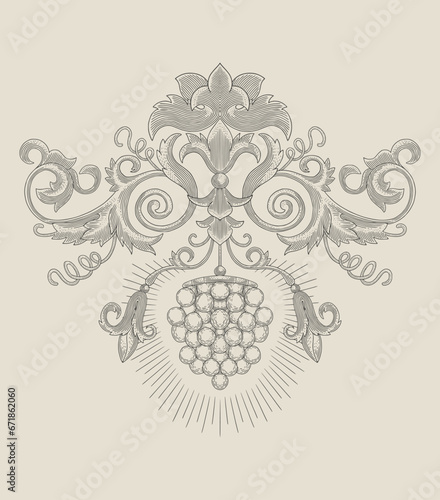 Grape with leaf ornament vintage,  Antique design engraving vector illustration