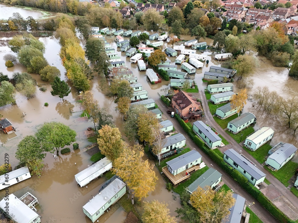 aerial view of extreme flooding Stamford Bridge holiday caravan park flooded from the River Derwent Breaching its banks  