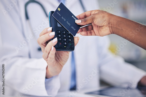 Woman, pharmacist and hands with credit card for payment or electronic purchase on pos at pharmacy. Closeup of female person and customer tap to pay or scan for pharmaceutical medication at drugstore