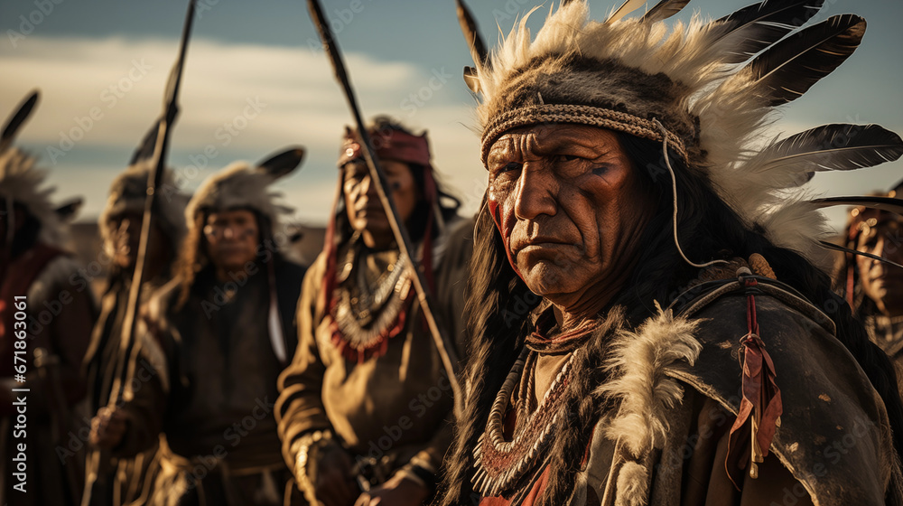 Obraz premium Cheyenne Tribe Warriors: Preparing for Battle, AI Generative